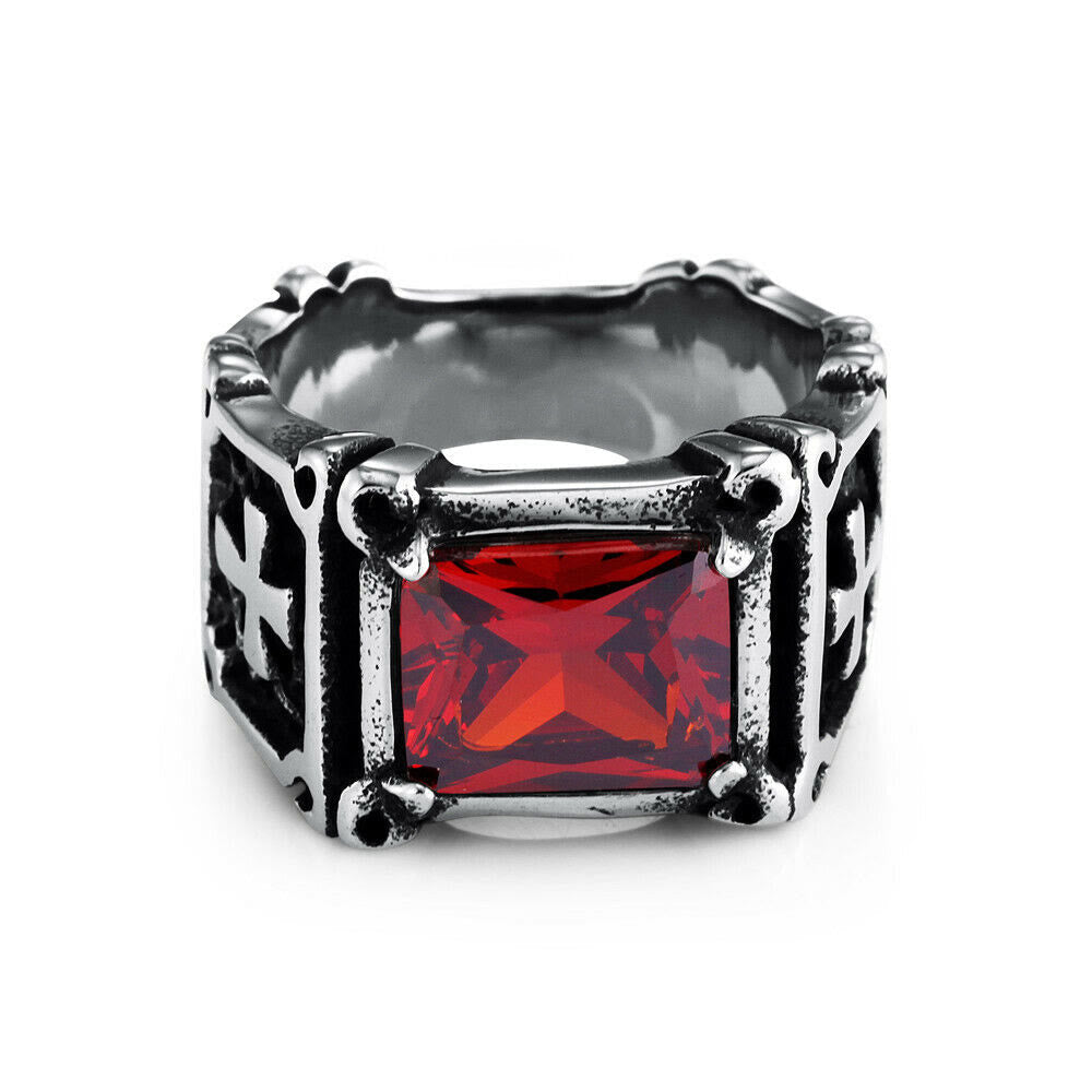 FREE Today: Red & Black Gemstone Cross - Embellished Couple Ring: A Symbol of Faith and Style