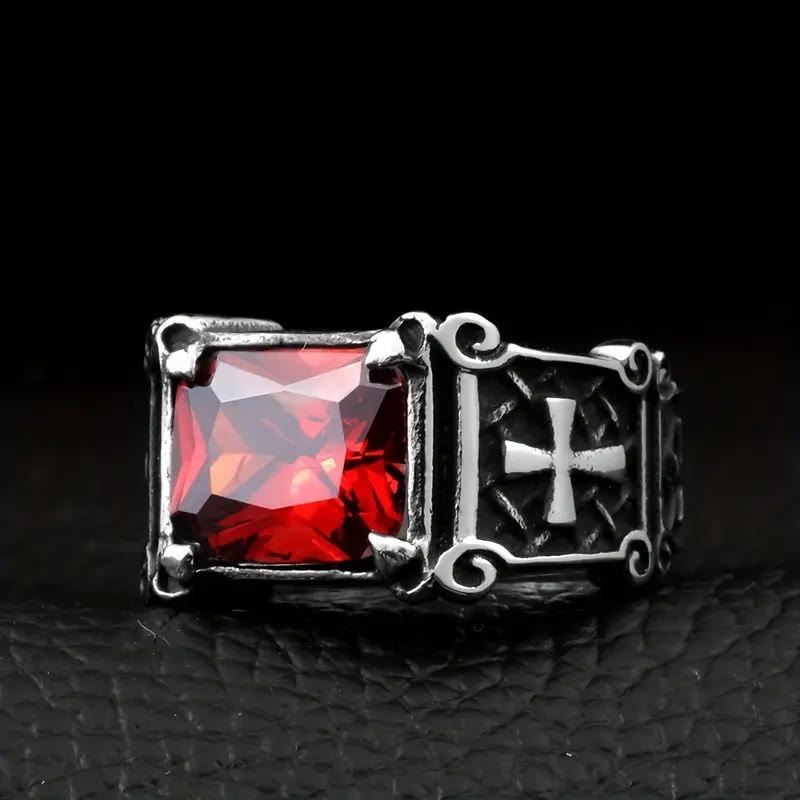FREE Today: Red & Black Gemstone Cross - Embellished Couple Ring: A Symbol of Faith and Style