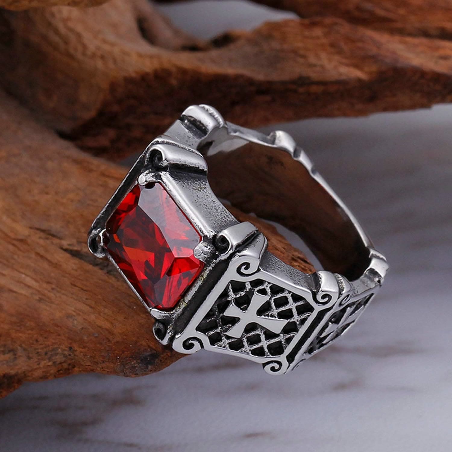 FREE Today: Red & Black Gemstone Cross - Embellished Couple Ring: A Symbol of Faith and Style