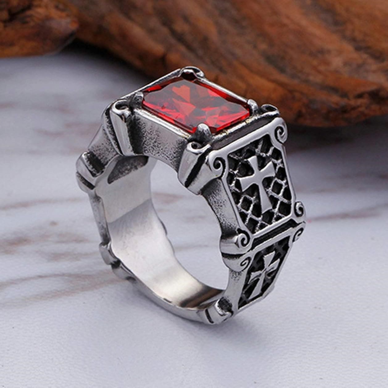 FREE Today: Red & Black Gemstone Cross - Embellished Couple Ring: A Symbol of Faith and Style