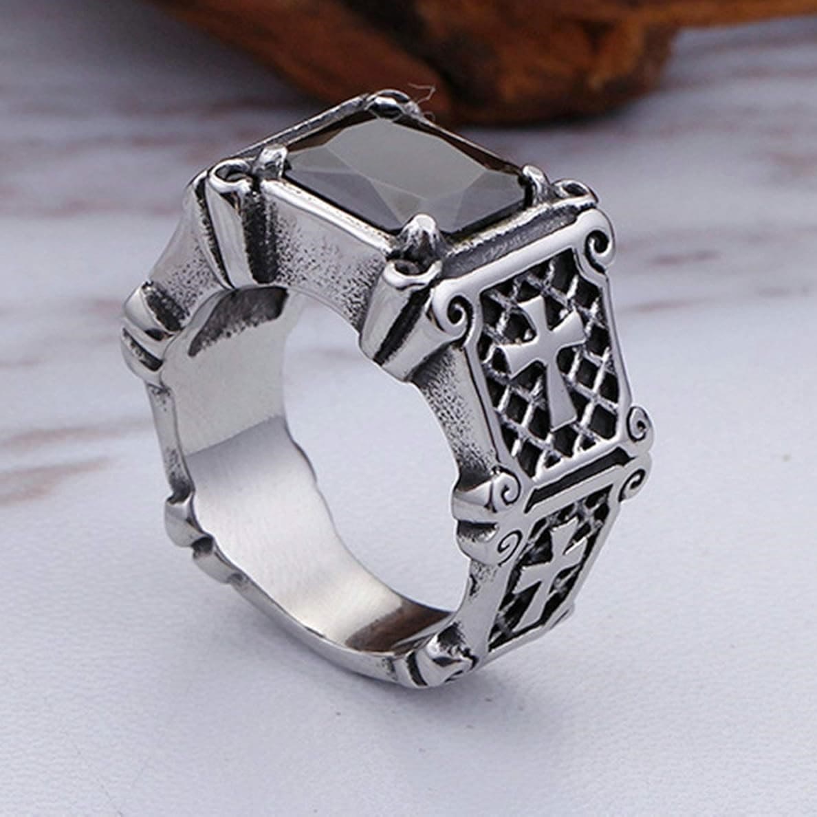 FREE Today: Red & Black Gemstone Cross - Embellished Couple Ring: A Symbol of Faith and Style