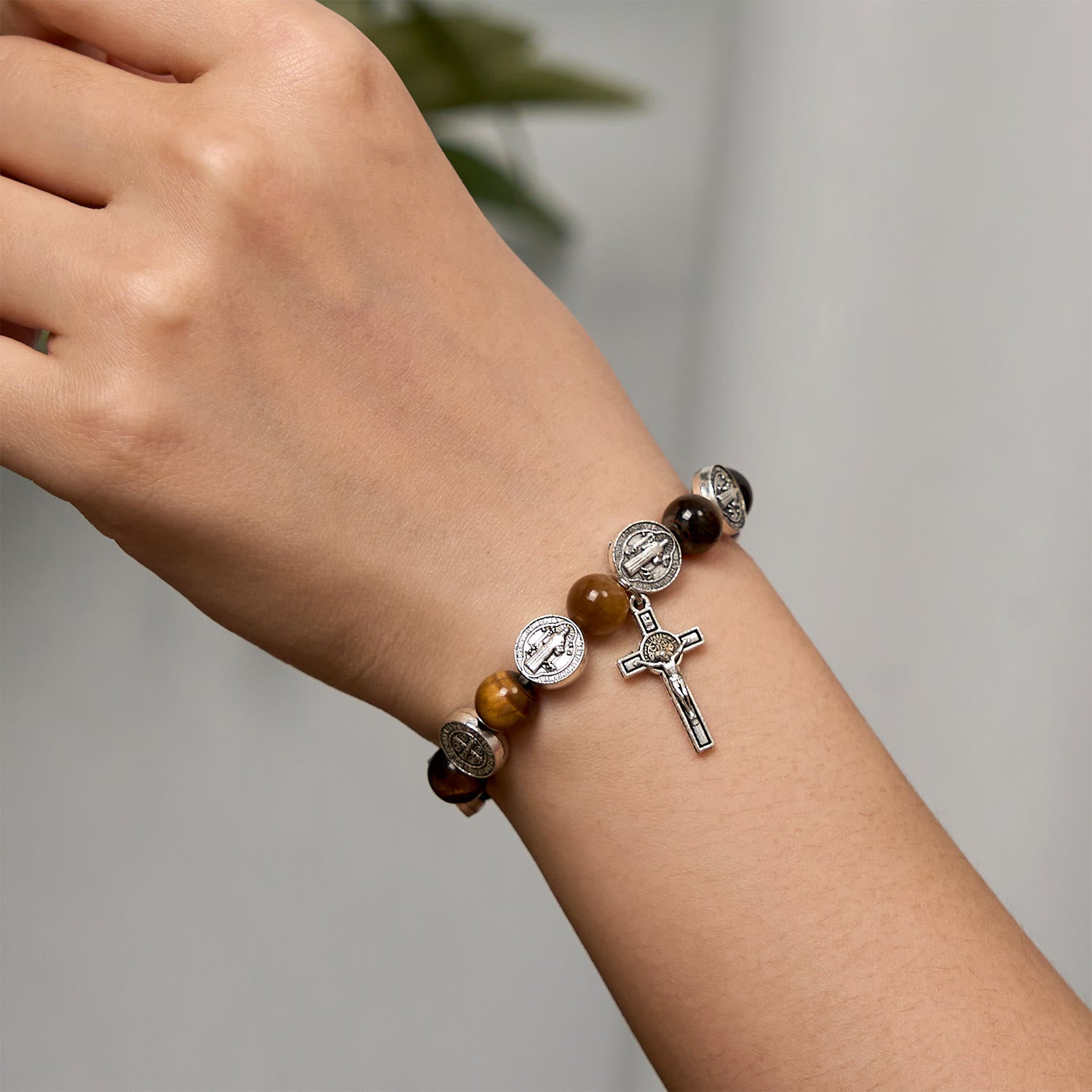 FREE Today: St. Benedict Symbol Tiger's Eye Bracelet: A Blend of Faith and Beauty