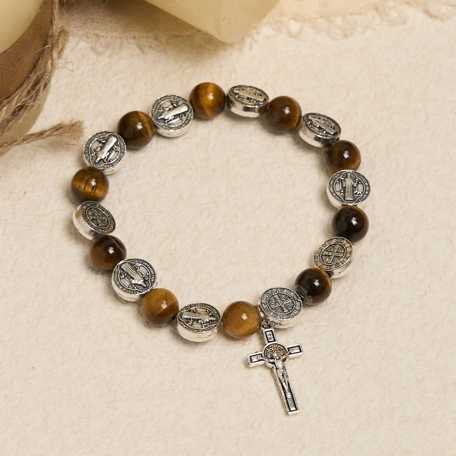 FREE Today: St. Benedict Symbol Tiger's Eye Bracelet: A Blend of Faith and Beauty