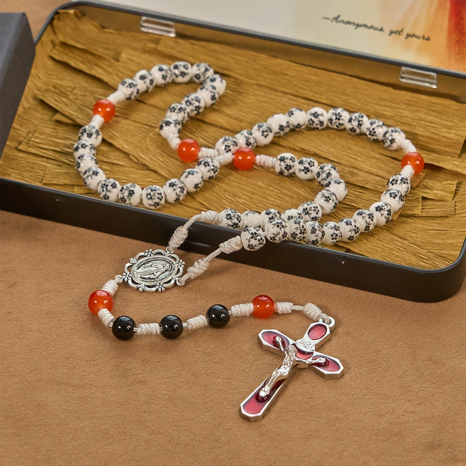 christiandiscipleshop Miraculous Medal & Crucifix of 8mm Flower Ceramic Beads Handmade Rosary——Divine Protection Rosary