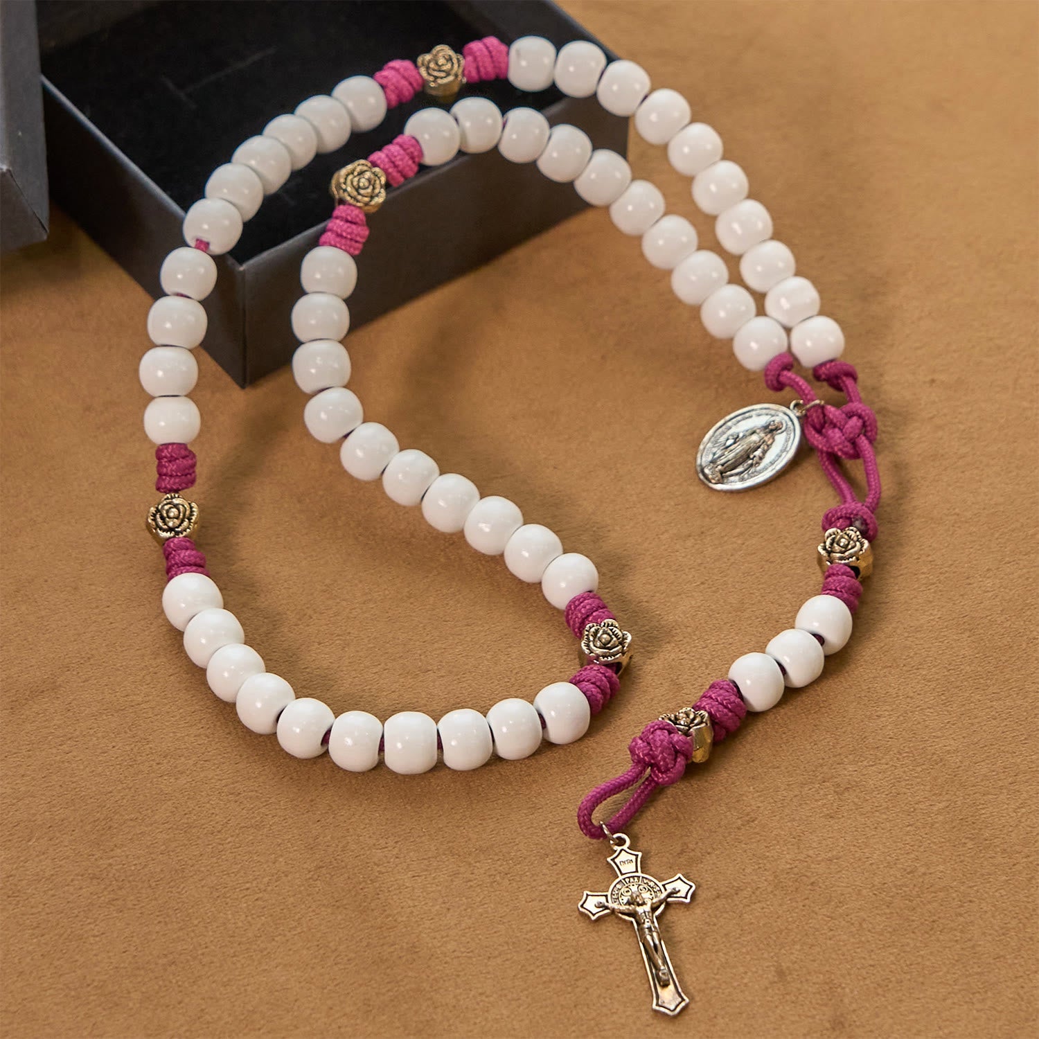 Christiandiscipleshop Grace - Infused Rosary: Handmade White Bead Rosary with Mary's Medal and Floral Accents