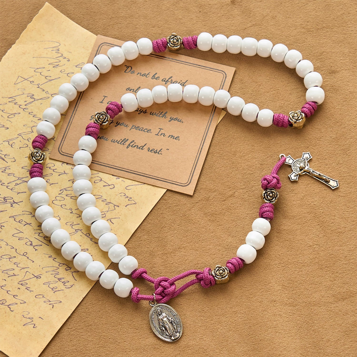 Christiandiscipleshop Grace - Infused Rosary: Handmade White Bead Rosary with Mary's Medal and Floral Accents