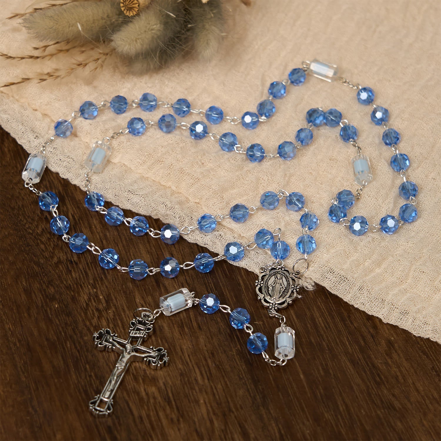 christiandiscipleshop Handmade Crucifix Blue Crystal & Glass Our Lady Beads Divine Grace Rosary