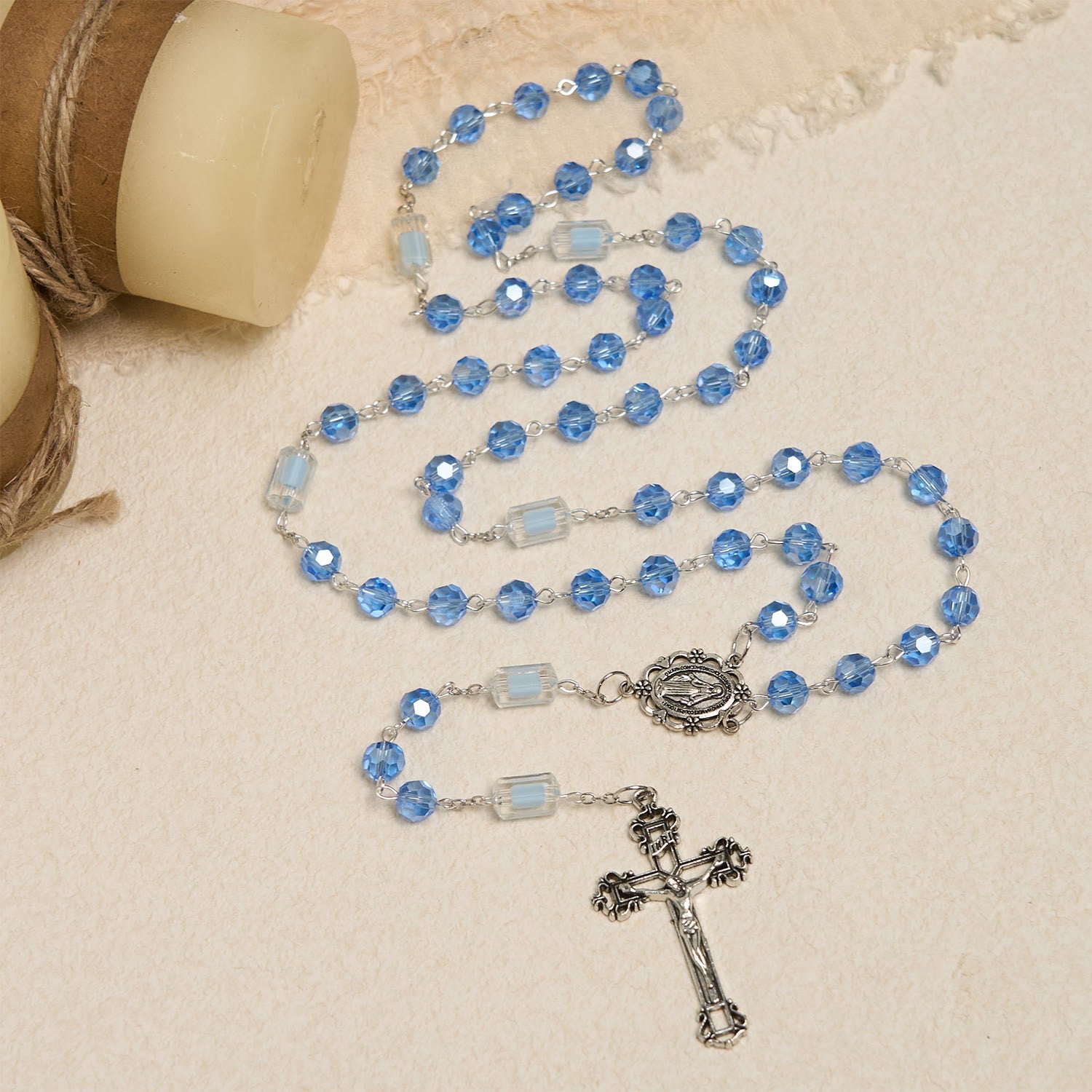 christiandiscipleshop Handmade Crucifix Blue Crystal & Glass Our Lady Beads Divine Grace Rosary