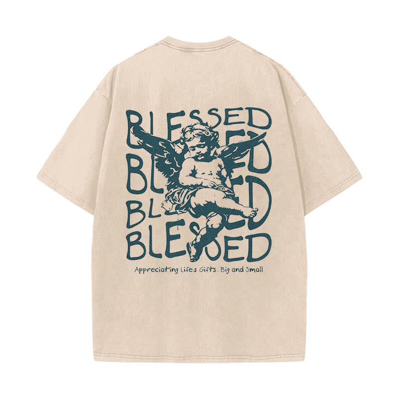 christiandiscipleshop Inspired Blessed T-Shirt with Cherub Design Unisex Washed T-Shirt