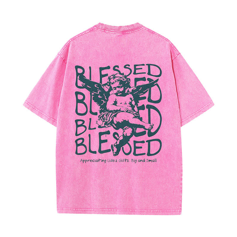 christiandiscipleshop Inspired Blessed T-Shirt with Cherub Design Unisex Washed T-Shirt