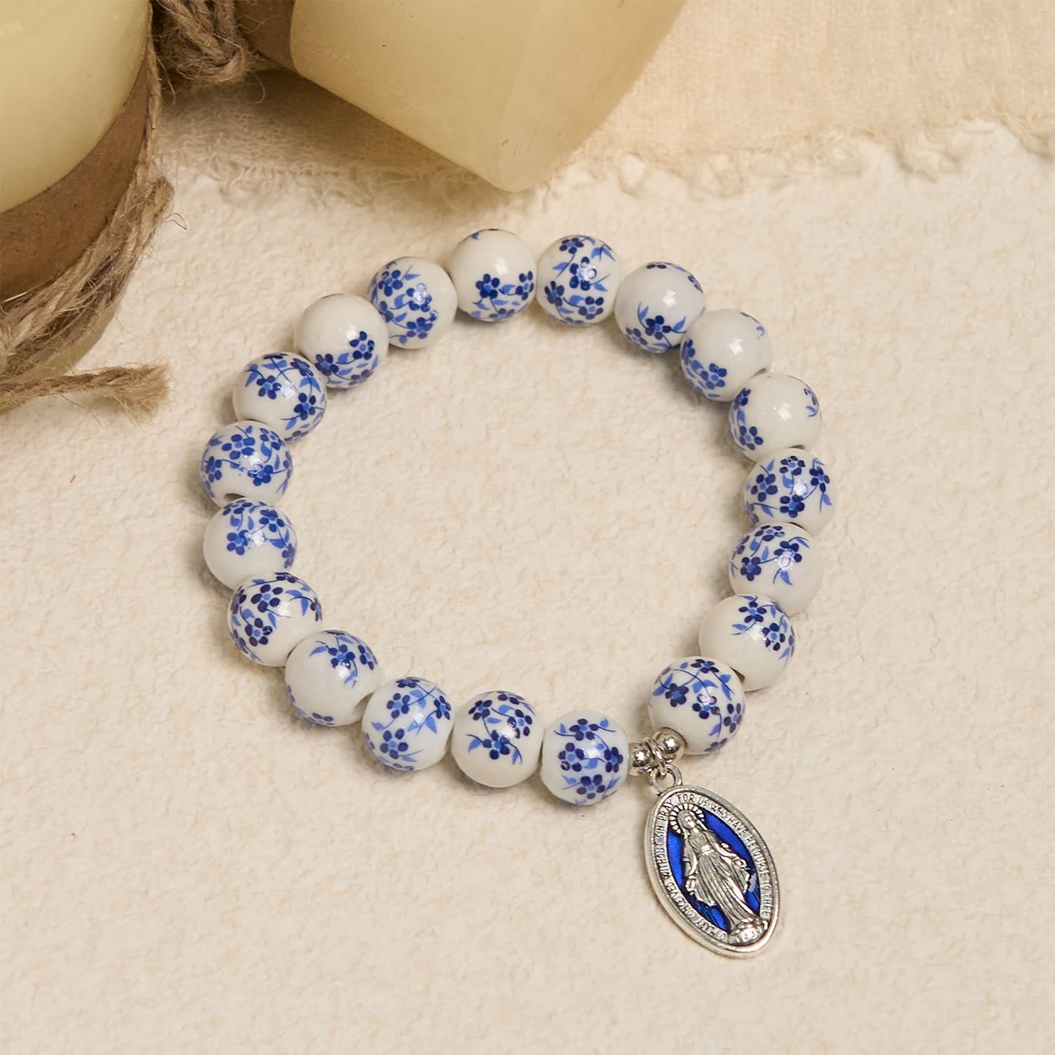 FREE Today: Blue & White Beaded Floral Bracelet with Miraculous Medal