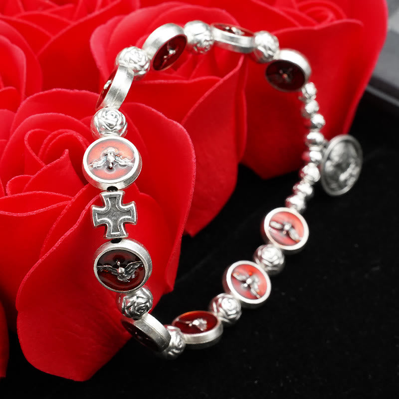 Christiandiscipleshop Enamel Holy Spirit with Cross and Rose Beads Bracelet: Cherished Symbol of Blessed Protection