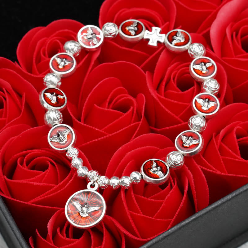 Christiandiscipleshop Enamel Holy Spirit with Cross and Rose Beads Bracelet: Cherished Symbol of Blessed Protection