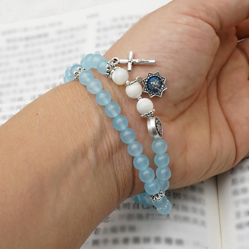 Christianartworkshop 6mm Light Blue Bead Miraculous Medal & Crucifix Minimalist Bracelet: A Symbol of Faith