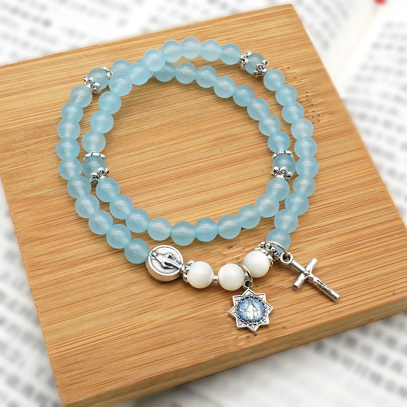 Christianartworkshop 6mm Light Blue Bead Miraculous Medal & Crucifix Minimalist Bracelet: A Symbol of Faith