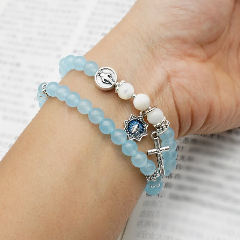 Christianartworkshop 6mm Light Blue Bead Miraculous Medal & Crucifix Minimalist Bracelet: A Symbol of Faith