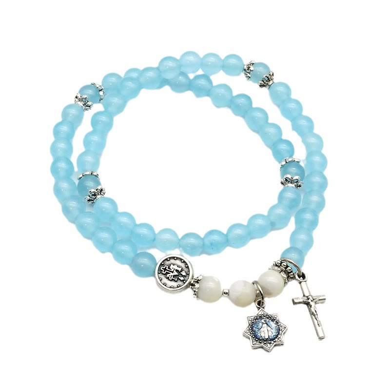 Christianartworkshop 6mm Light Blue Bead Miraculous Medal & Crucifix Minimalist Bracelet: A Symbol of Faith