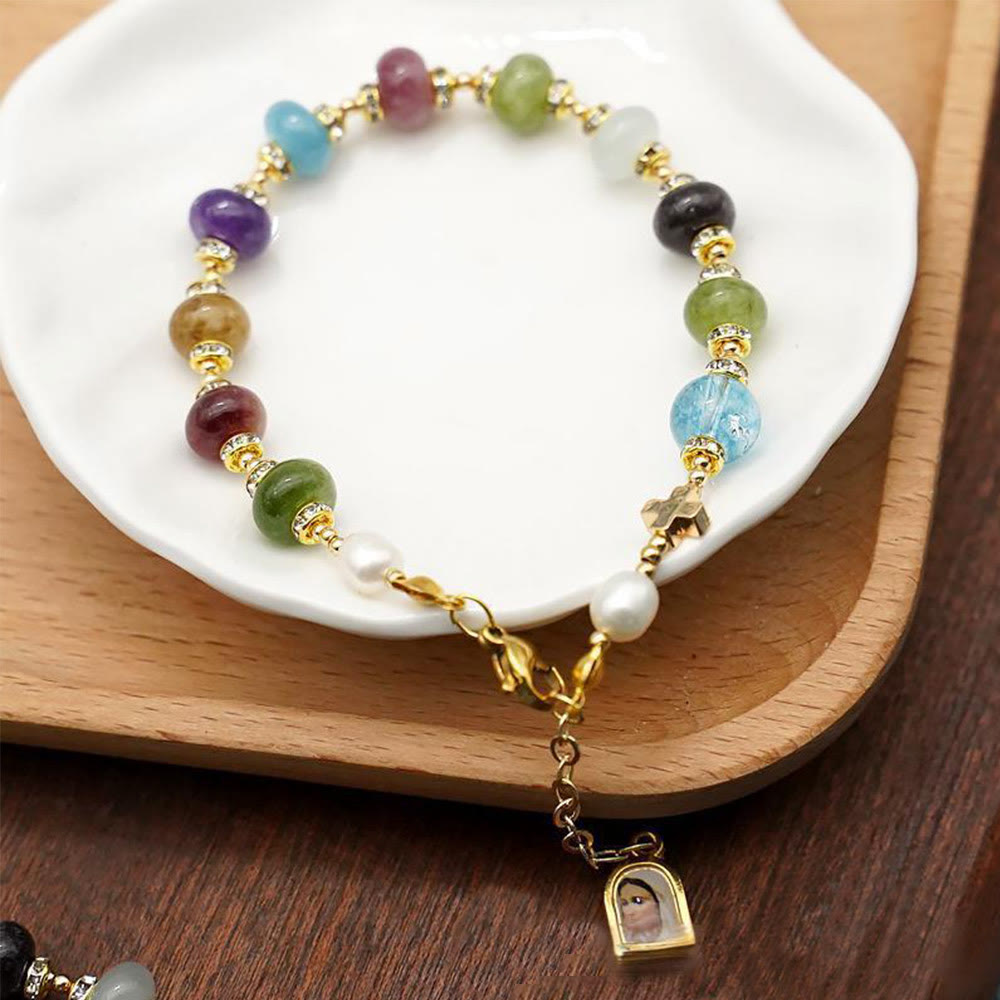 christiandiscipleshop Miraculous Medal & Cross of Round Multicolor Natural Tourmaline Agate Bracelet