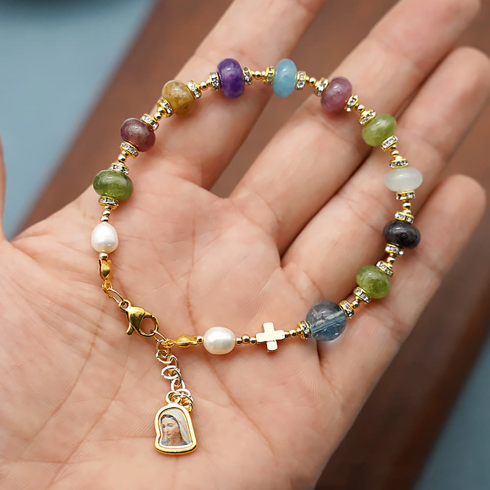 christiandiscipleshop Miraculous Medal & Cross of Round Multicolor Natural Tourmaline Agate Bracelet