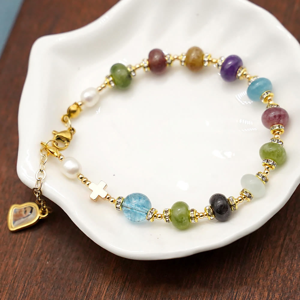 christiandiscipleshop Miraculous Medal & Cross of Round Multicolor Natural Tourmaline Agate Bracelet