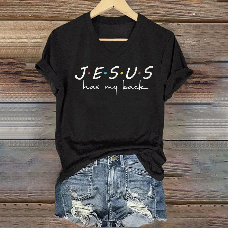christiandiscipleshop Women's Jesus Has My Back Print V-Neck Polyester T-shirt