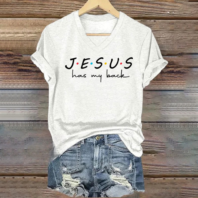 christiandiscipleshop Women's Jesus Has My Back Print V-Neck Polyester T-shirt