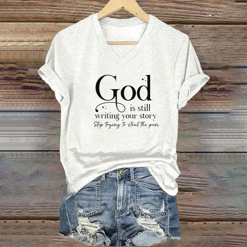 christiandiscipleshop Women's God Is Still Writing Your Story Print V-Neck Polyester T-shirt