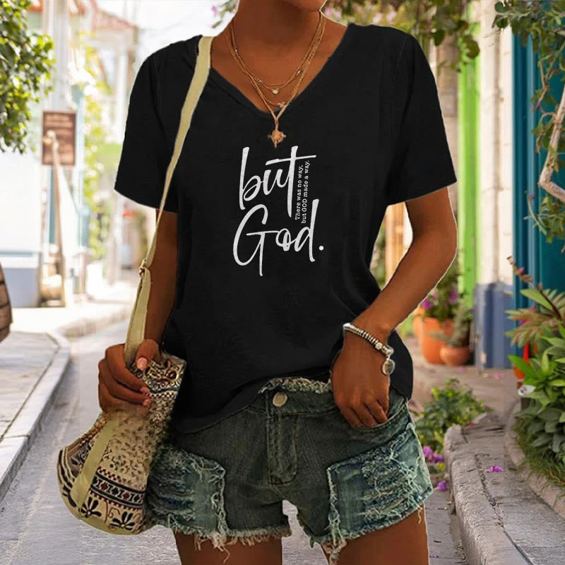 christiandiscipleshop Women's Faith Christian But God Bible Verse Print V-Neck Polyester T-shirt
