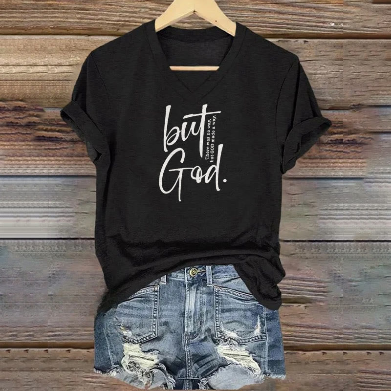 christiandiscipleshop Women's Faith Christian But God Bible Verse Print V-Neck Polyester T-shirt