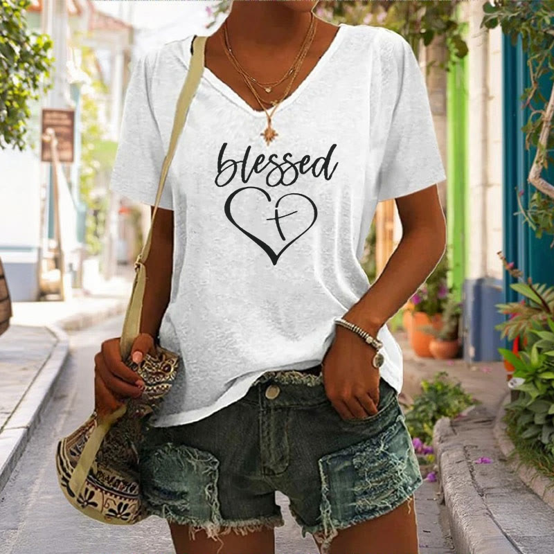 christiandiscipleshop Women's Blessed Love Cross Jesus Has My Back Print V-Neck Polyester T-shirt