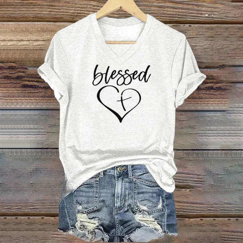 christiandiscipleshop Women's Blessed Love Cross Jesus Has My Back Print V-Neck Polyester T-shirt