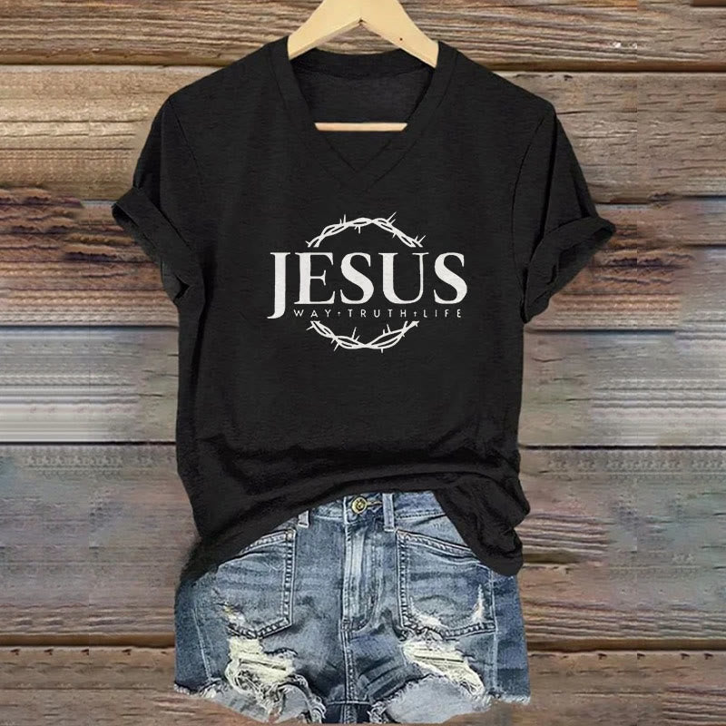 christiandiscipleshop Women's Jesus Print Casual Print V-Neck Polyester T-shirt
