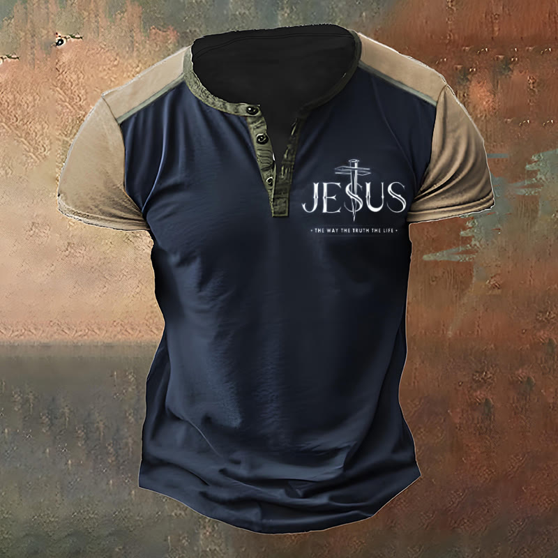 christiandiscipleshop Men's Faith with Cross Print Henley Neck T-Shirt