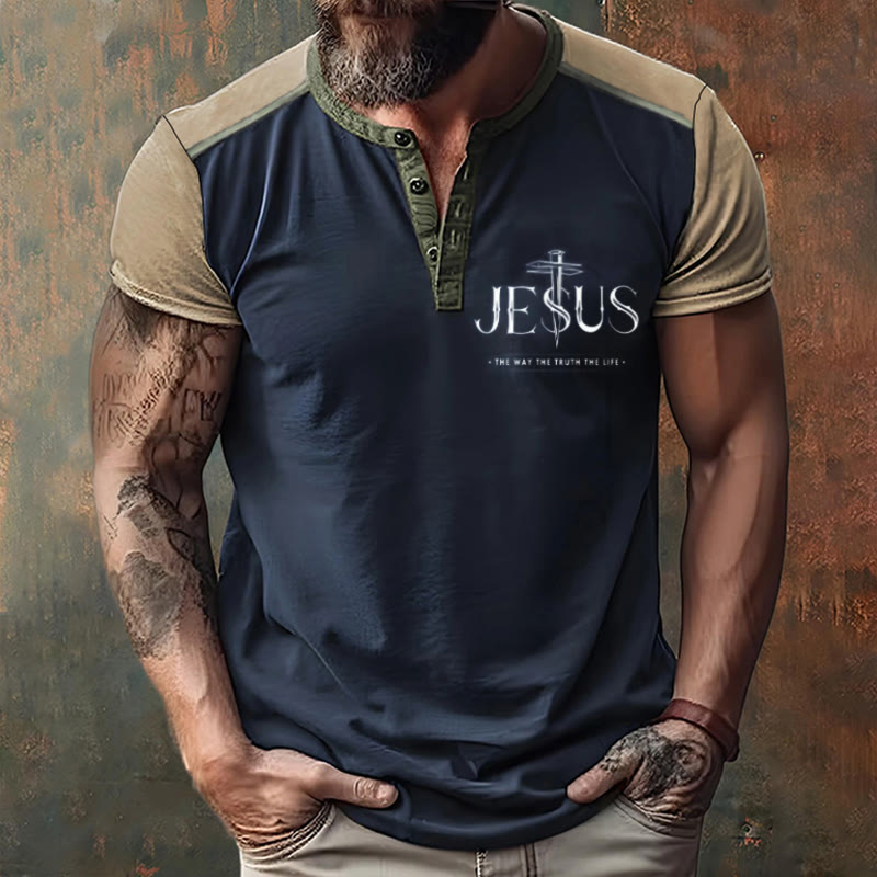 christiandiscipleshop Men's Faith with Cross Print Henley Neck T-Shirt