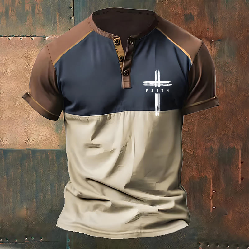 christiandiscipleshop Men's Vintage Faith Print Henley Neck T-Shirt