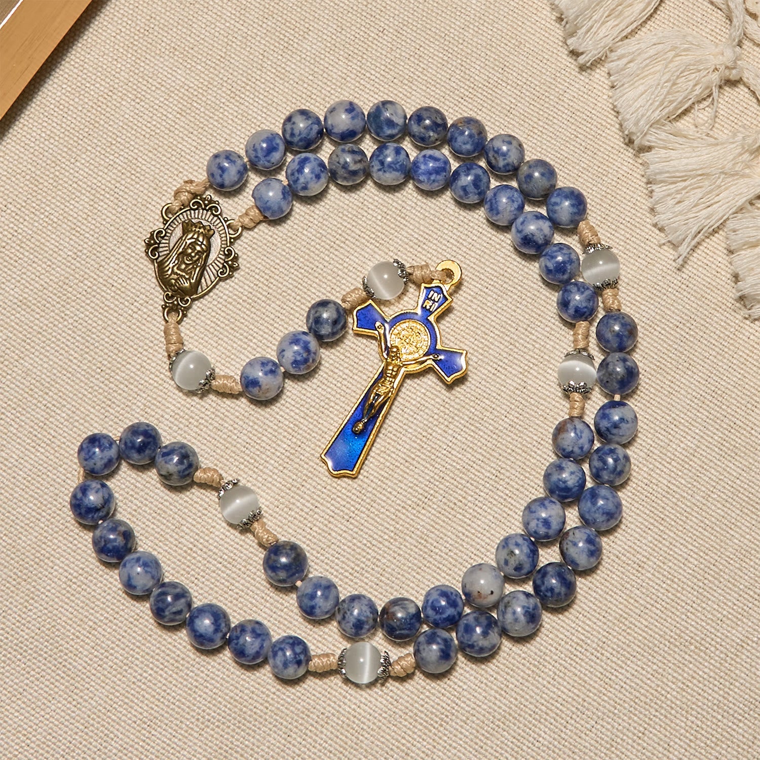 FREE Today: Immaculate Heart of Mary & Crucifix of 8 mm Round Blue Stone Nylon Cord Rosary