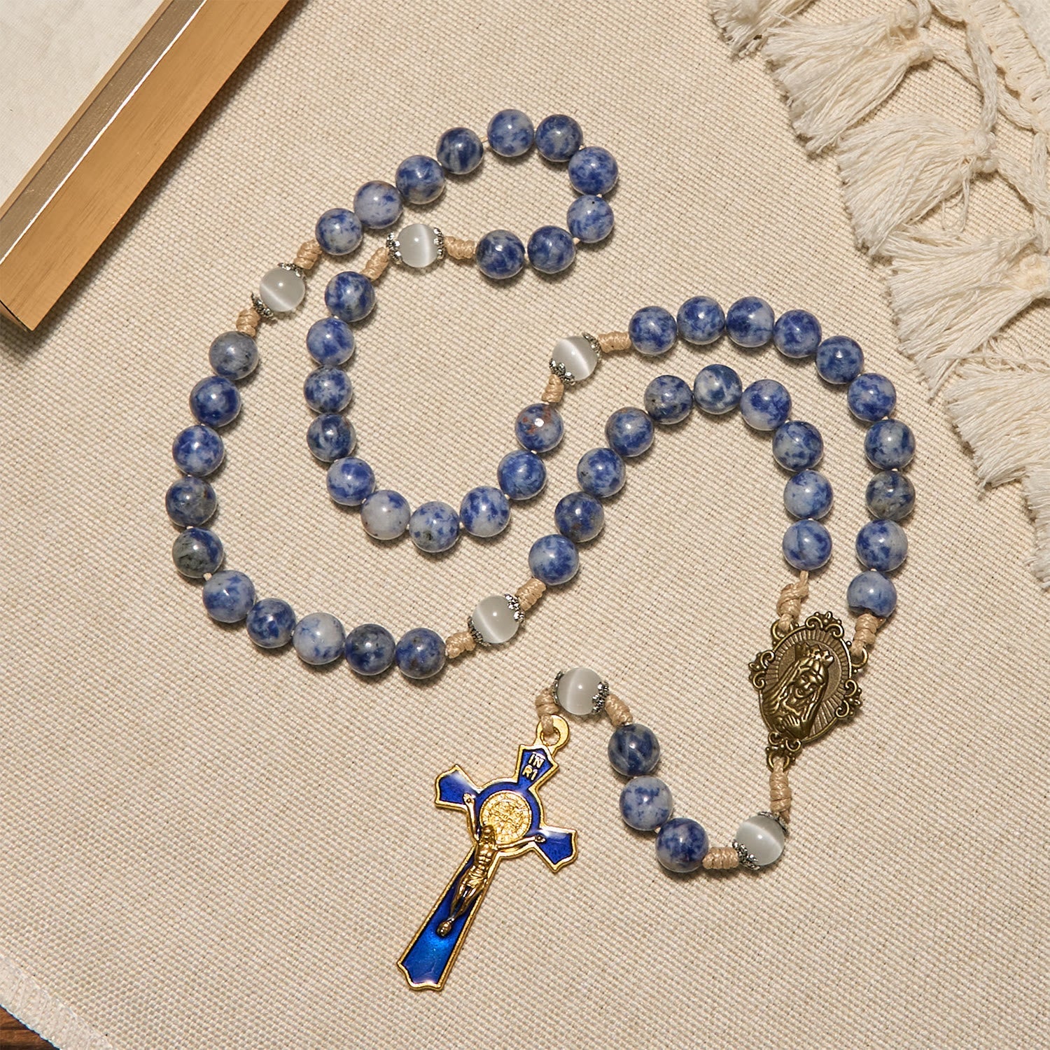 FREE Today: Immaculate Heart of Mary & Crucifix of 8 mm Round Blue Stone Nylon Cord Rosary