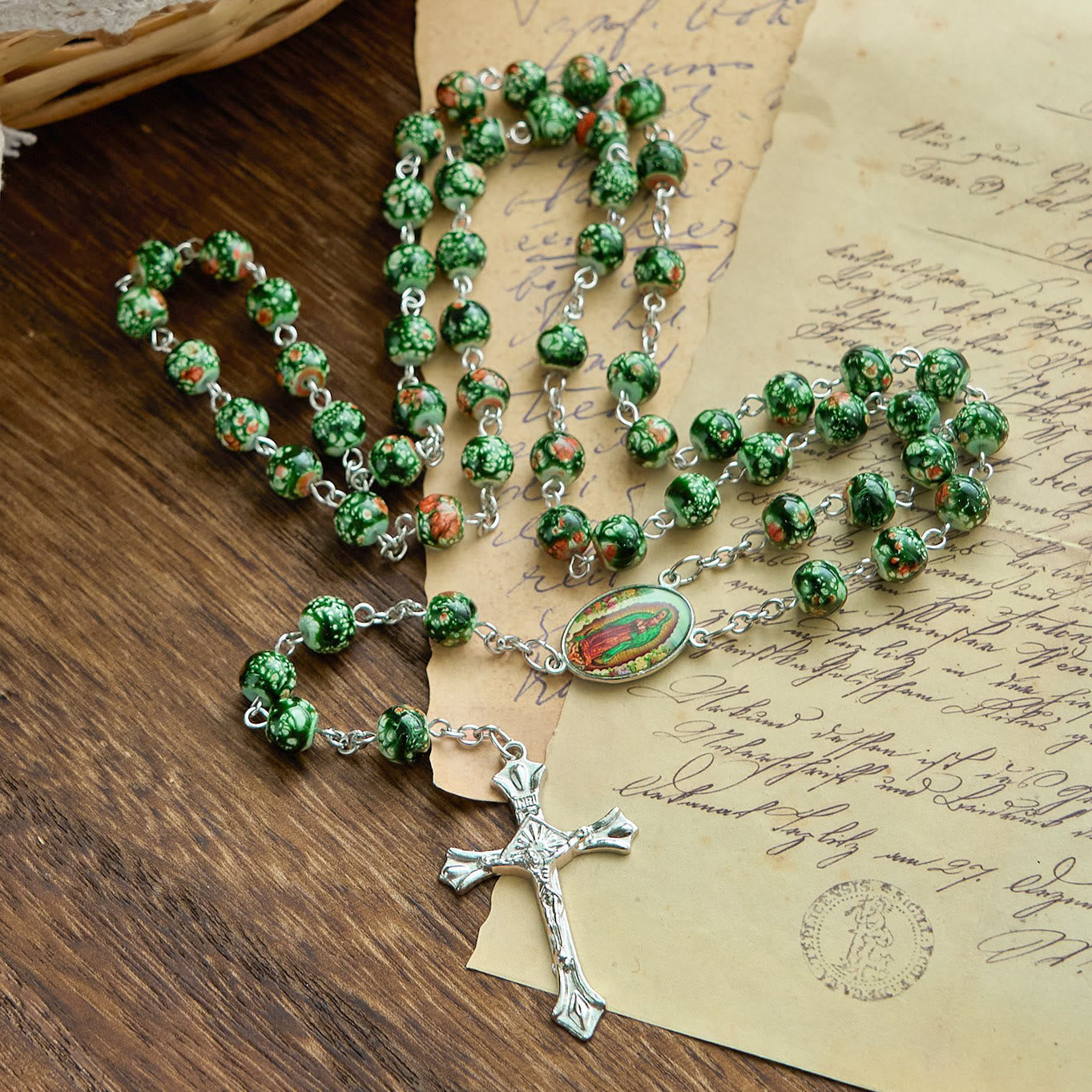 FREE Today: Our Lady Medal & Crucifix of 8mm Green Glass Beads Rosary—Blessed Symbol of Faith