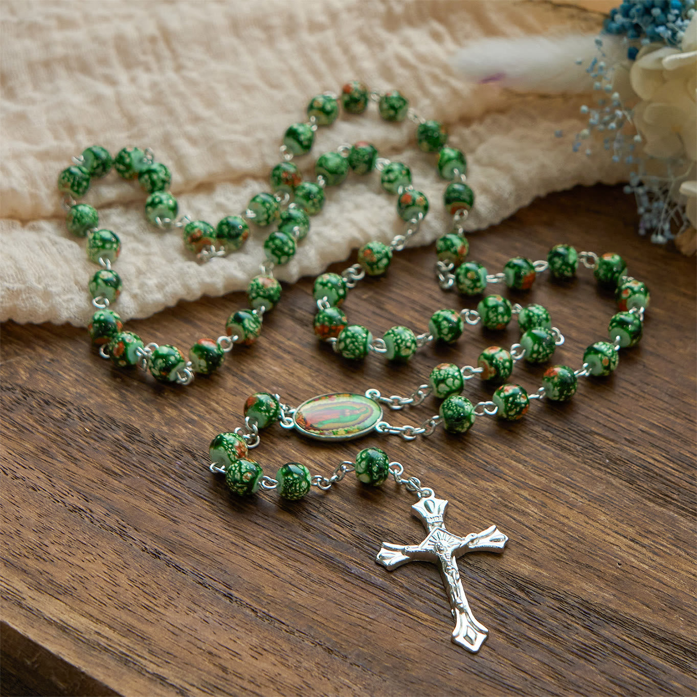 FREE Today: Our Lady Medal & Crucifix of 8mm Green Glass Beads Rosary—Blessed Symbol of Faith