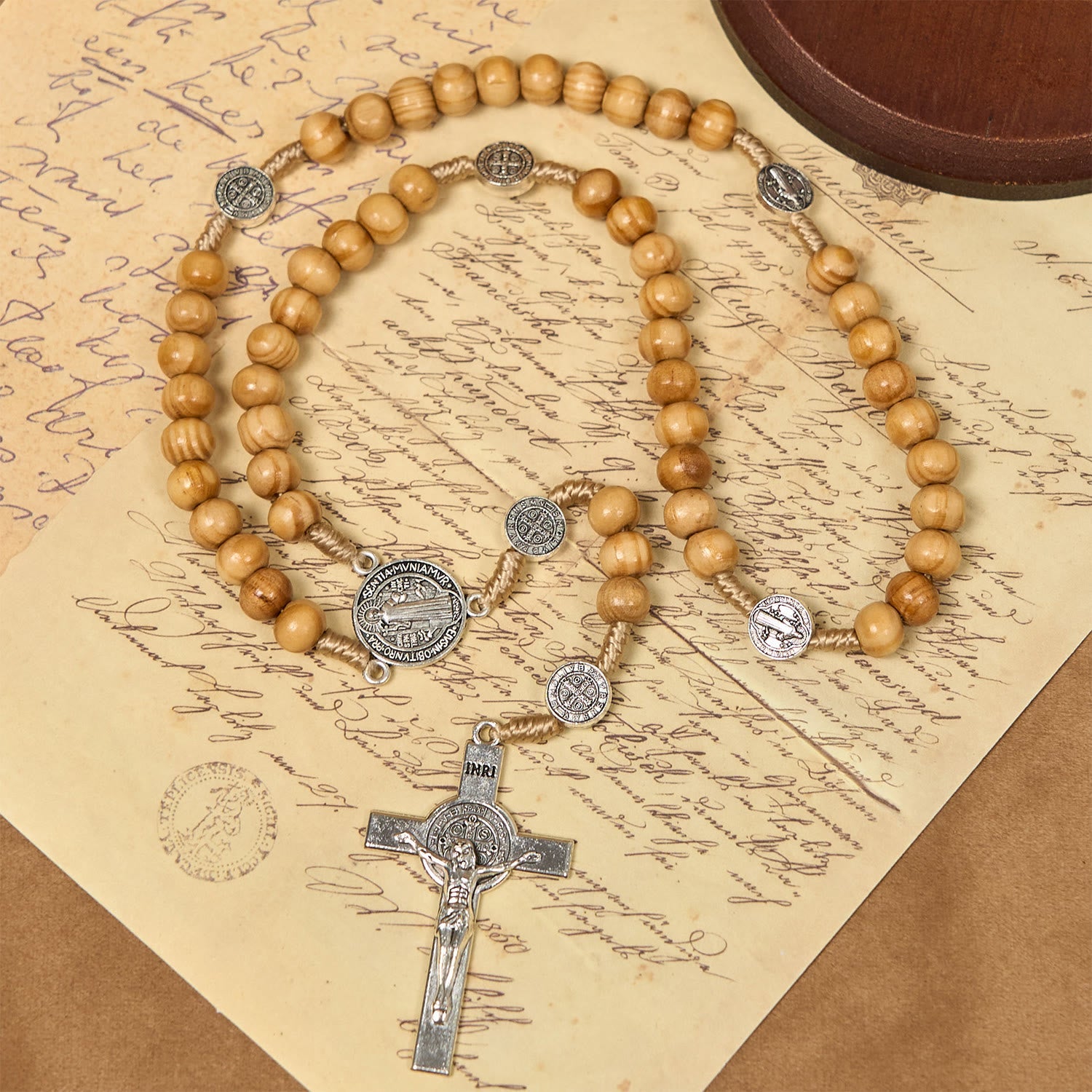 FREE Today: St. Benedict & Crucifix of 8mm Olive Wood Round Beads Rosary: Blessed Devotion in Every Bead