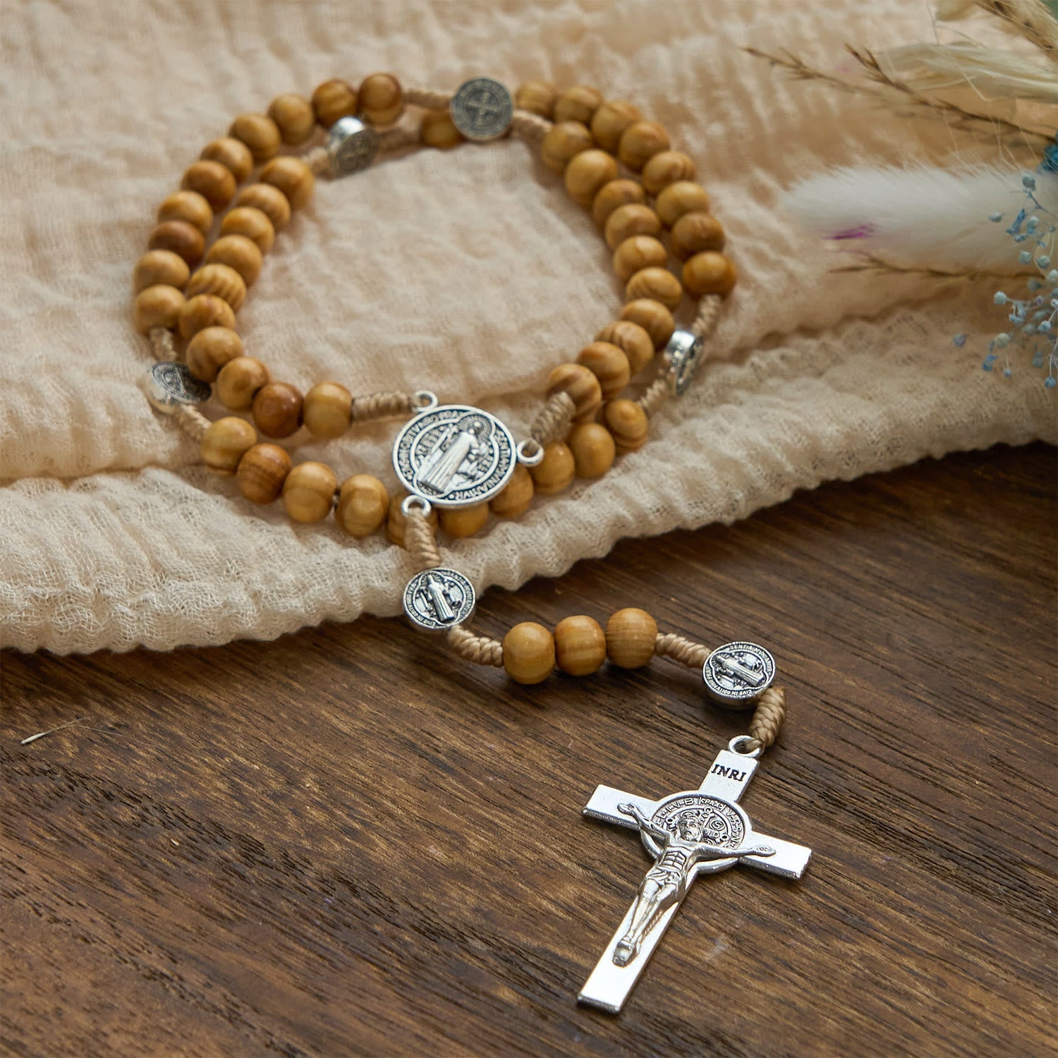 FREE Today: St. Benedict & Crucifix of 8mm Olive Wood Round Beads Rosary: Blessed Devotion in Every Bead