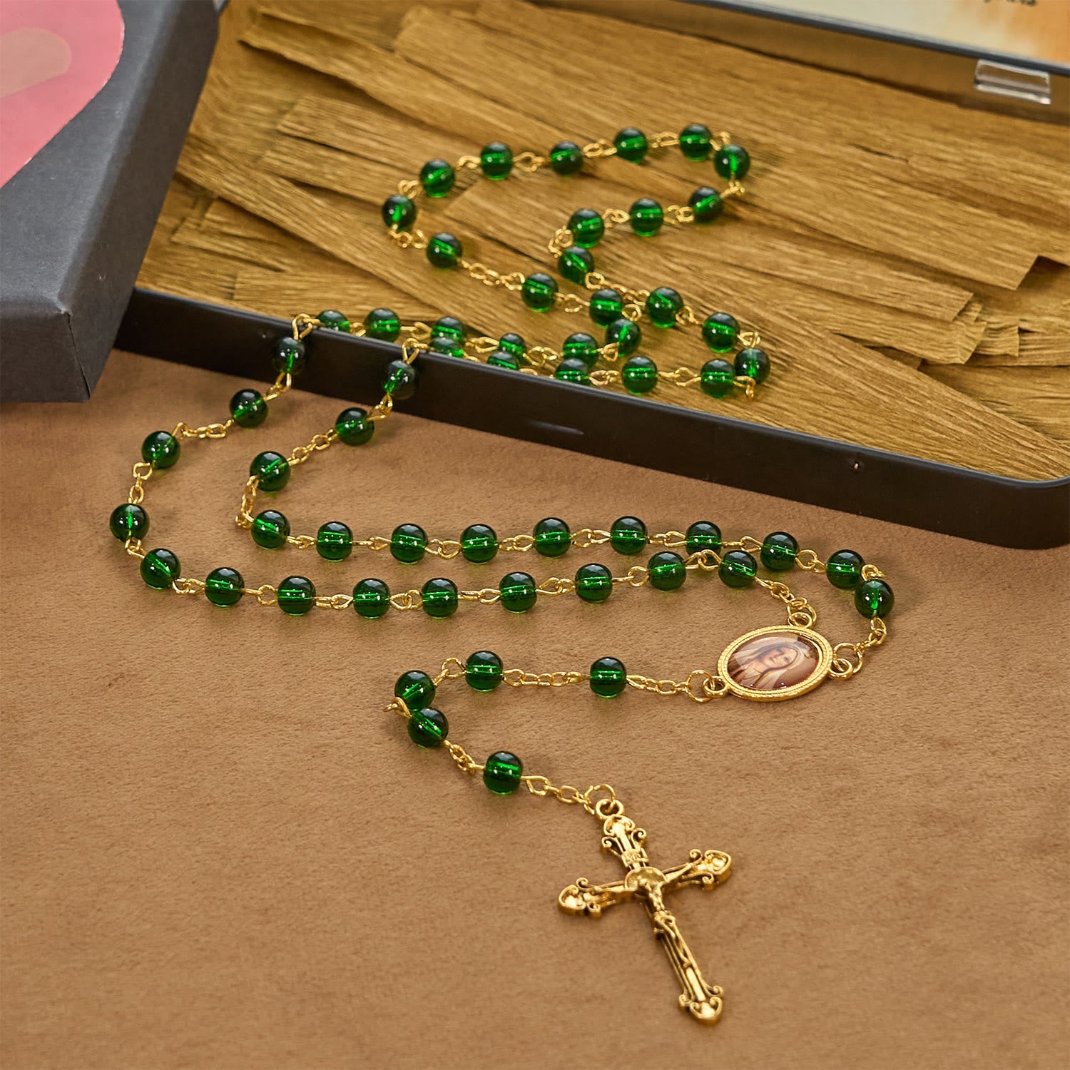 christiandiscipleshop Vintage Green Glass Bead Rosary with Virgin Mary and Crucifix: Faith - Filled Heirloom