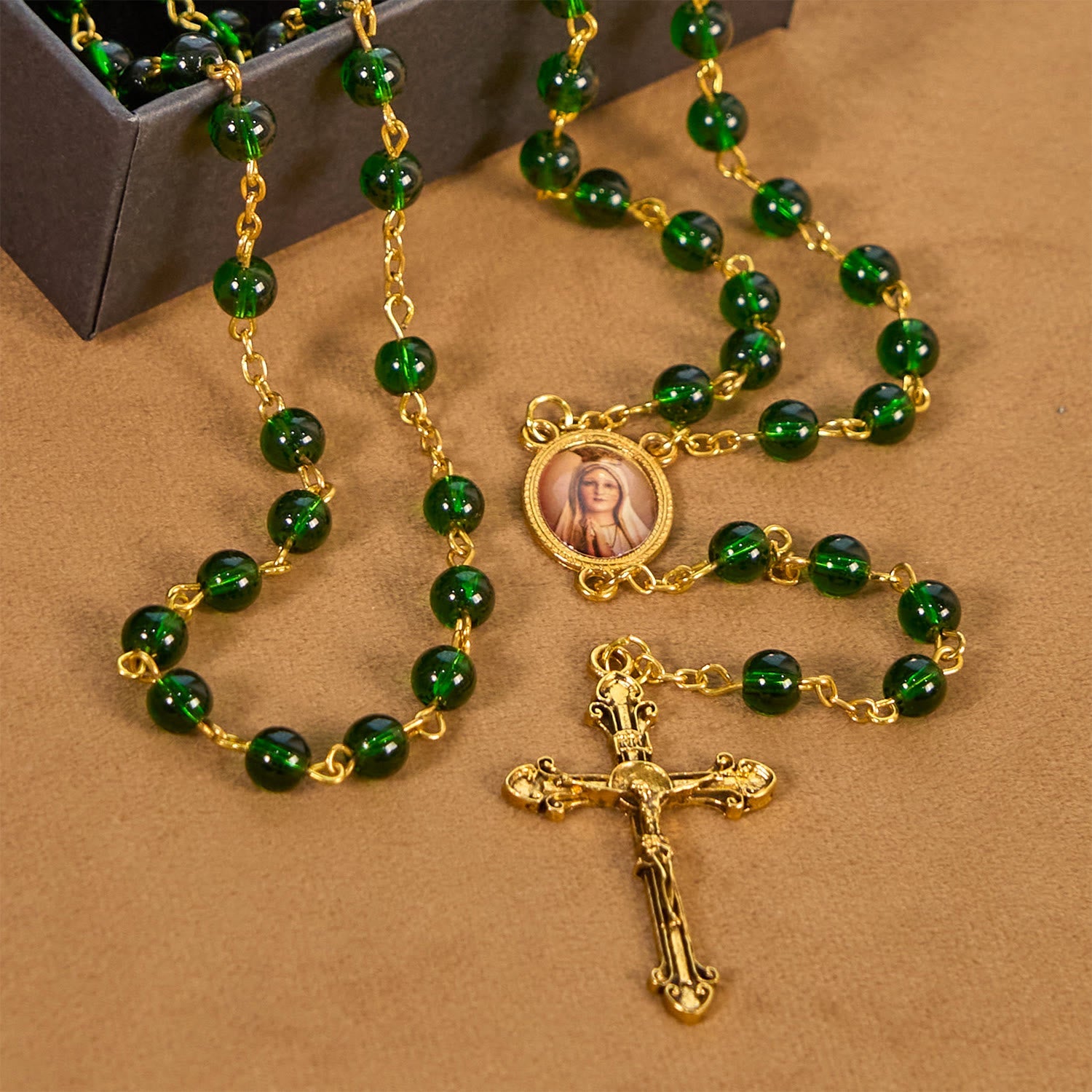 FREE Today: Vintage Green Glass Bead Rosary with Virgin Mary and Crucifix: Faith - Filled Heirloom