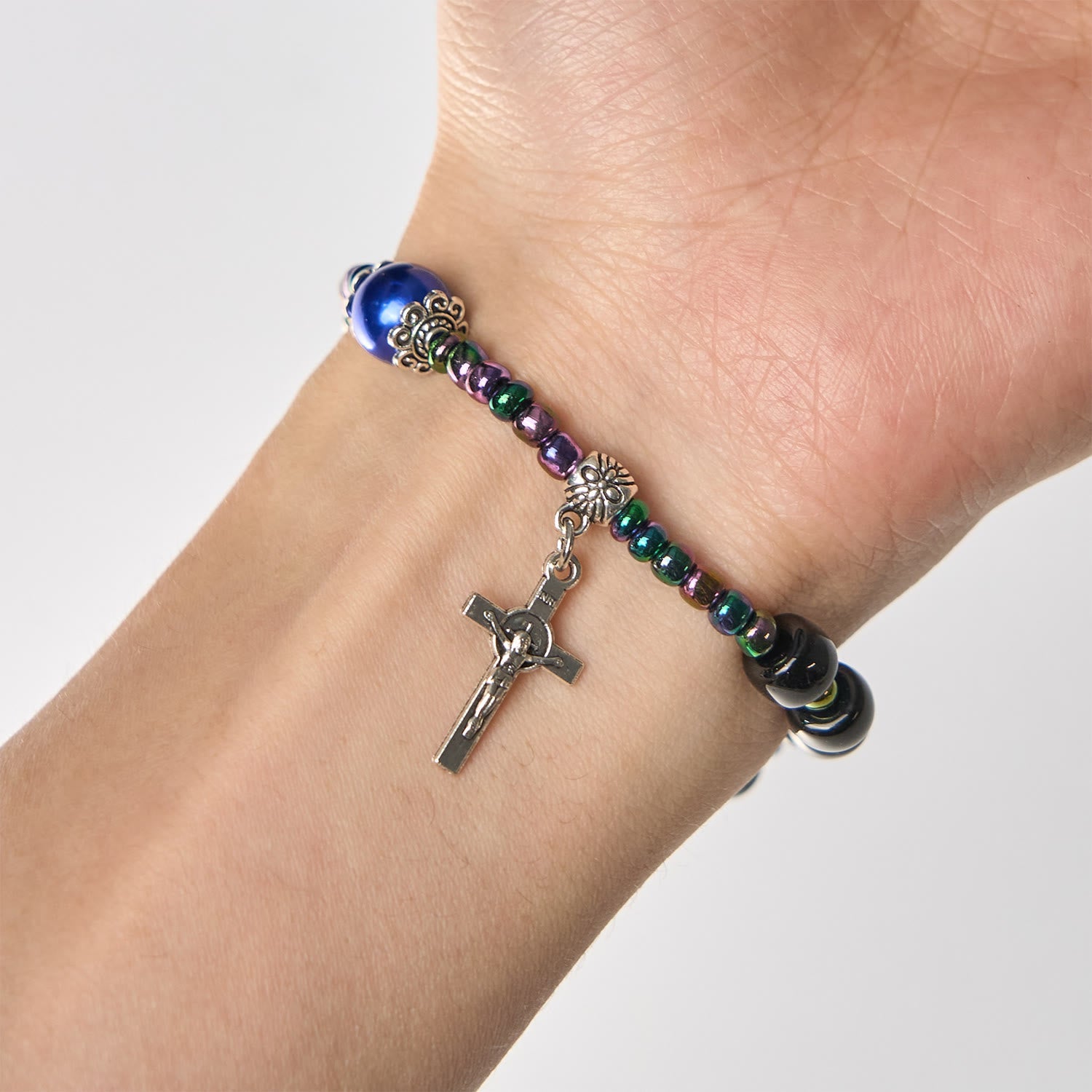 Christiandiscipleshop Ebony and Blue Agate with Our Lady Medal & Crucifix Bracelet