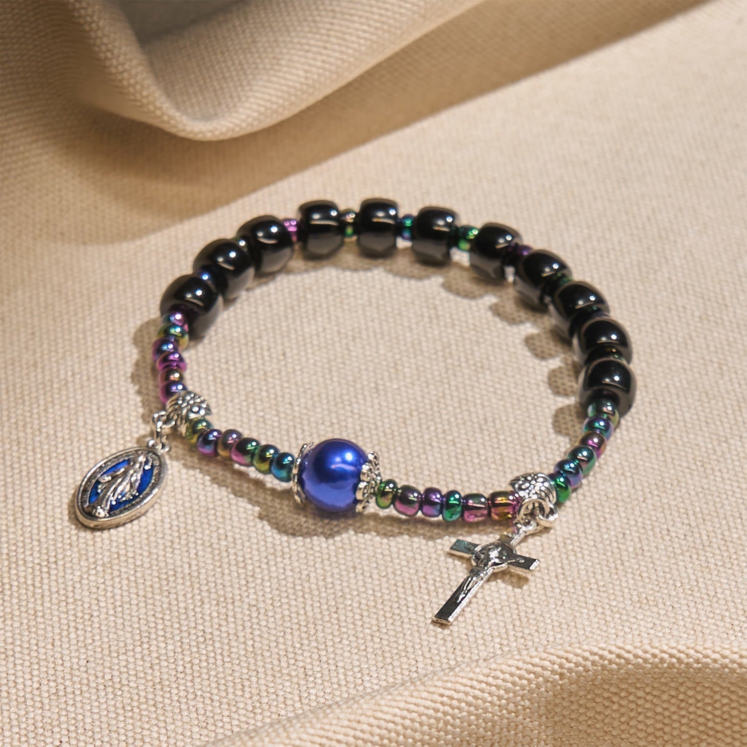Christiandiscipleshop Ebony and Blue Agate with Our Lady Medal & Crucifix Bracelet