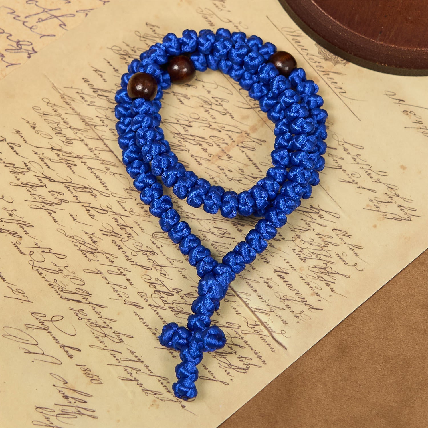 Christianartworkshop Blue & Black Cross 100 Blessing Knots String Necklace: Cherished Symbol of Holy Blessing