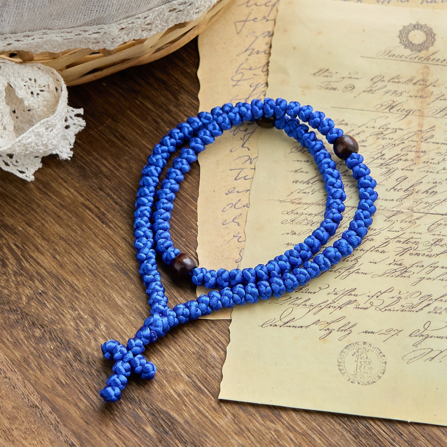 FREE Today: Blue & Black Cross Orthodox 100 Blessing Knots String Necklace: Cherished Symbol of Holy Blessing