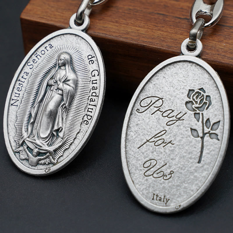 Christiandiscipleshop Exquisite Relief - Sculpted Our Lady of Guadalupe Medal with Castilian Rose Keychain