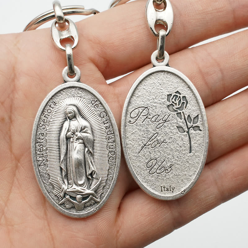 Christiandiscipleshop Exquisite Relief - Sculpted Our Lady of Guadalupe Medal with Castilian Rose Keychain