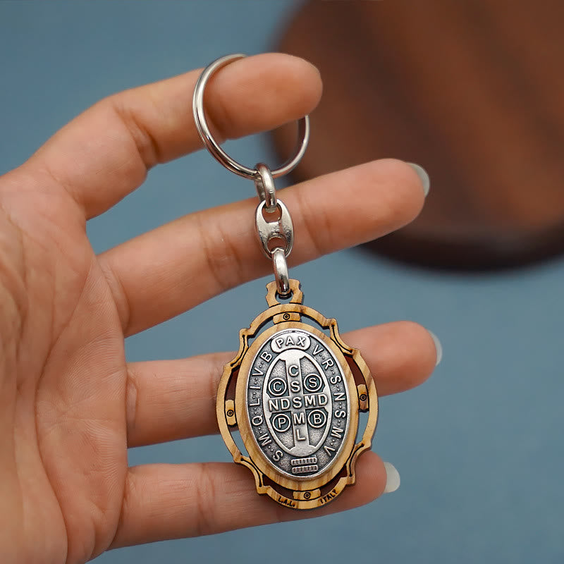 christiandiscipleshop Wooden Crafted St. Benedict Medal Keychain: Contemporary Badge of Spiritual Defense